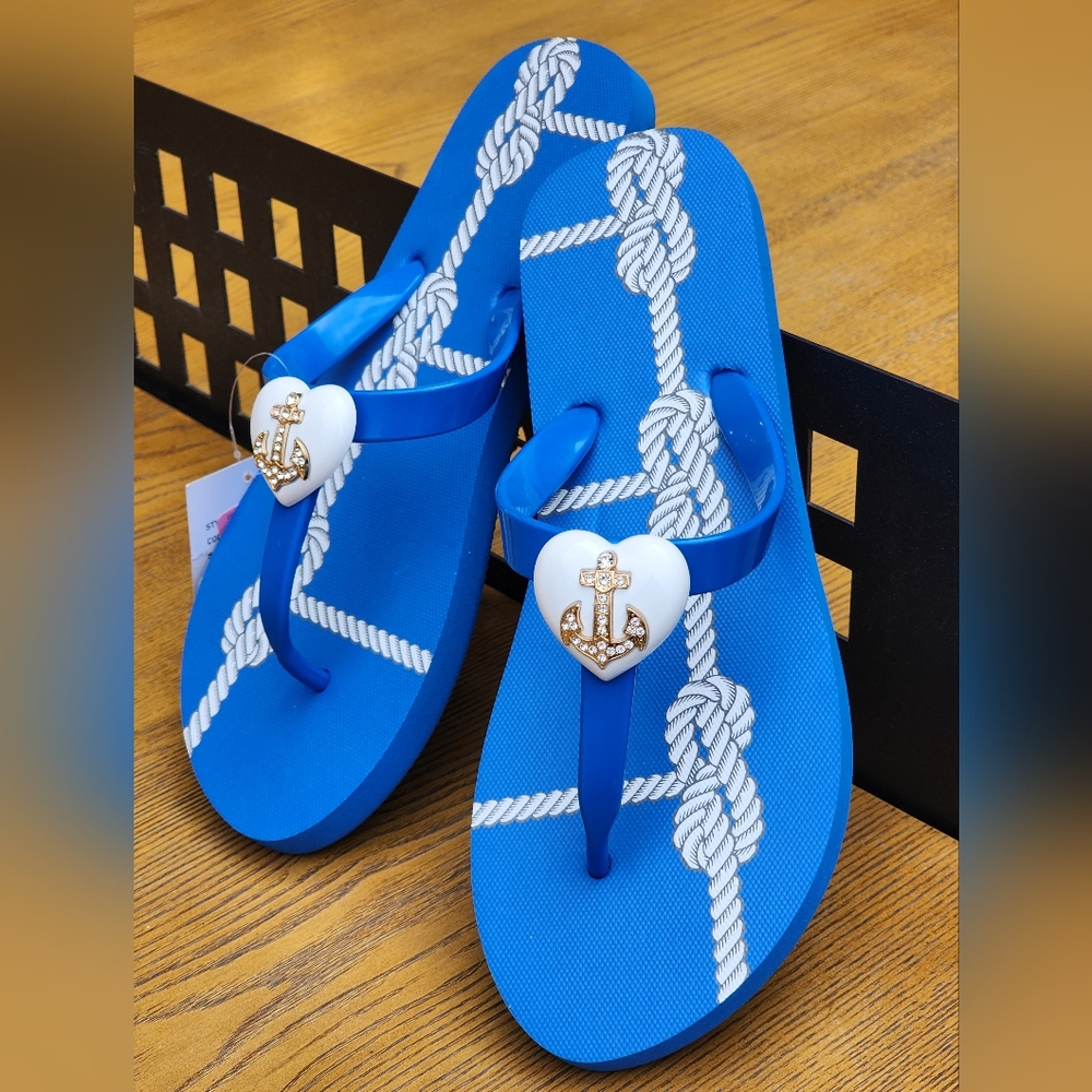 WLK By S.Miller Royal Blue Rhinestone Anchor Women's Flip Flop Sandals Size 10 - Picture 1 of 12